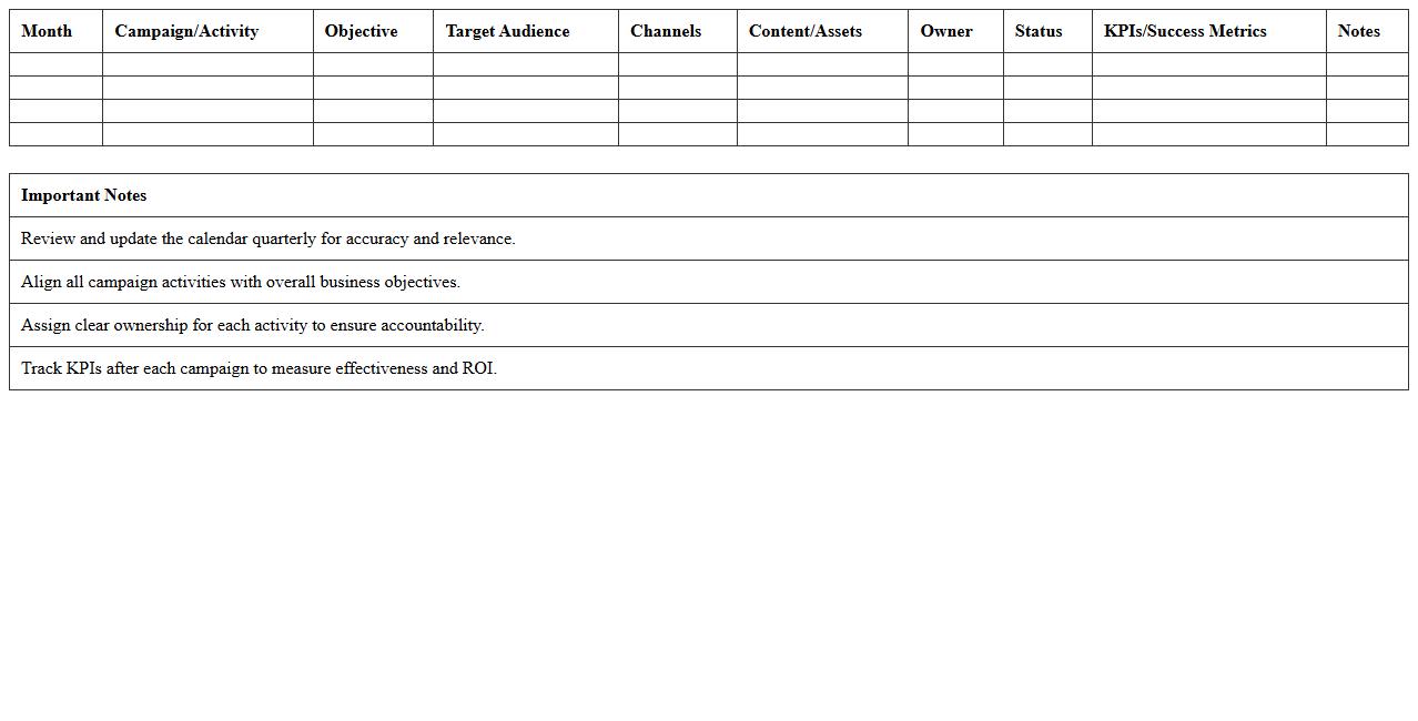 Annual B2B Marketing Activities Calendar Spreadsheet