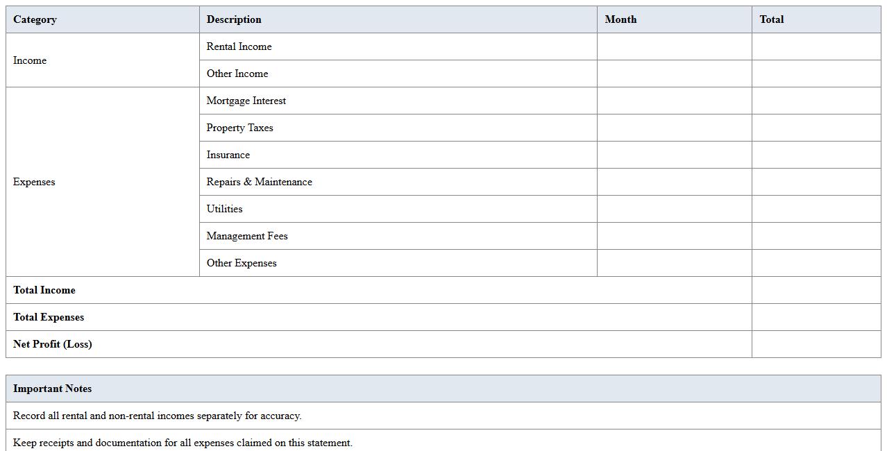 Annual Profit and Loss Statement Template for Landlords