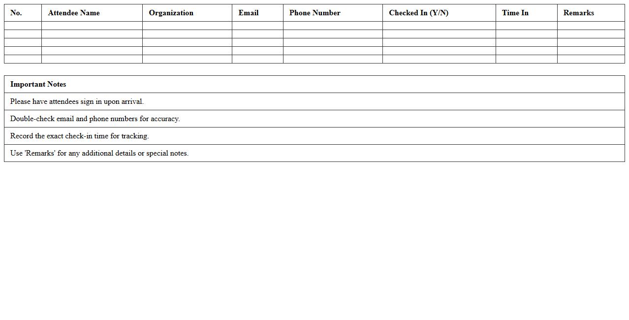 Attendee Check-In Sheet Excel Template
