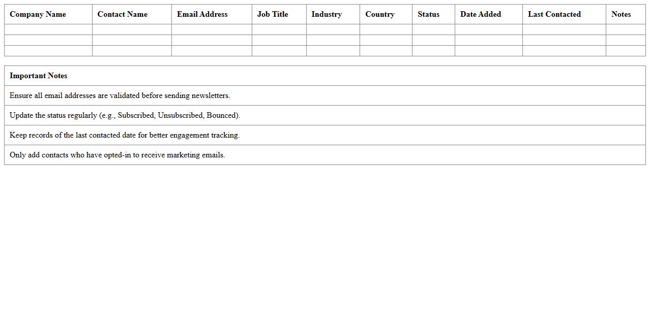 B2B Marketing Email List Organizer Excel Template for Newsletters