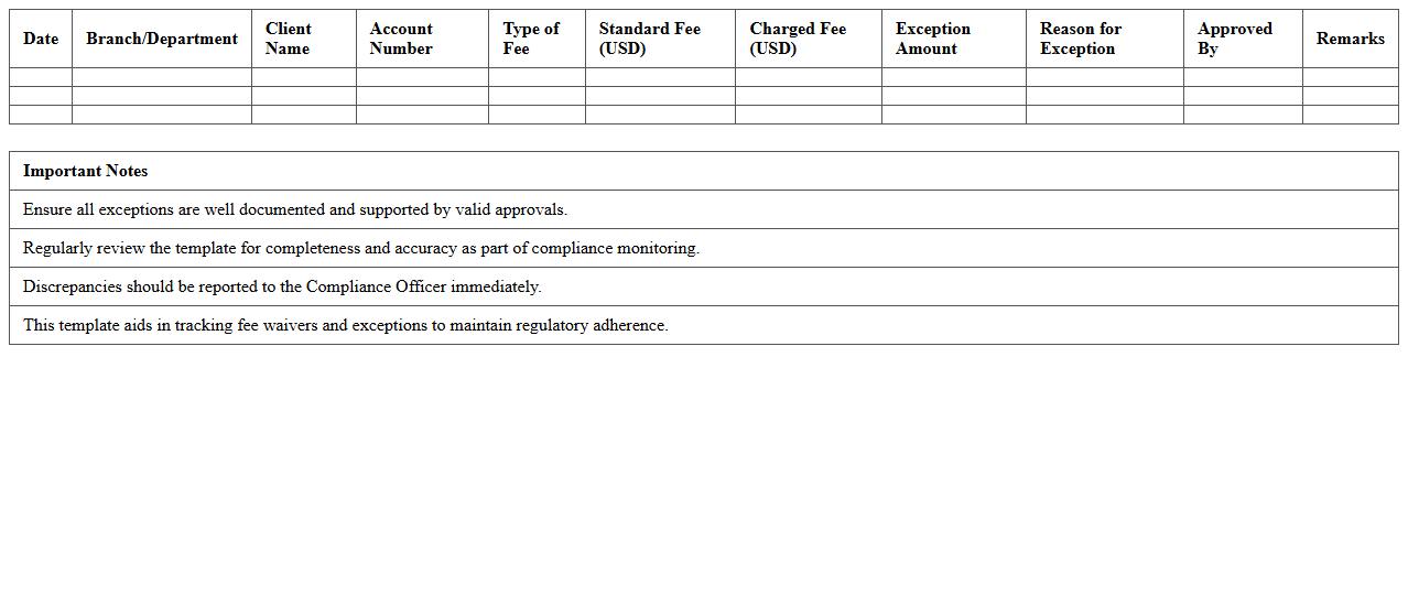 Bank Fee Exception Monitoring Template for Compliance