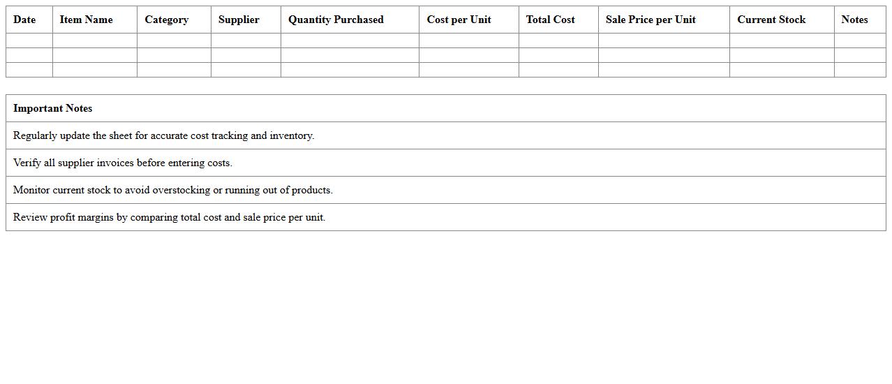 Beauty Supply Shop Cost Tracking Excel Sheet