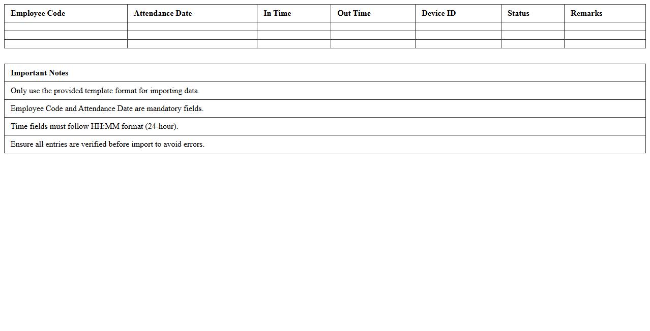 Biometric Attendance Data Import Template