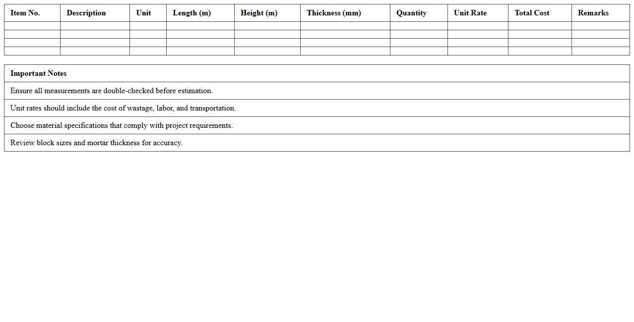Blockwork and Masonry Material Estimation Excel Template