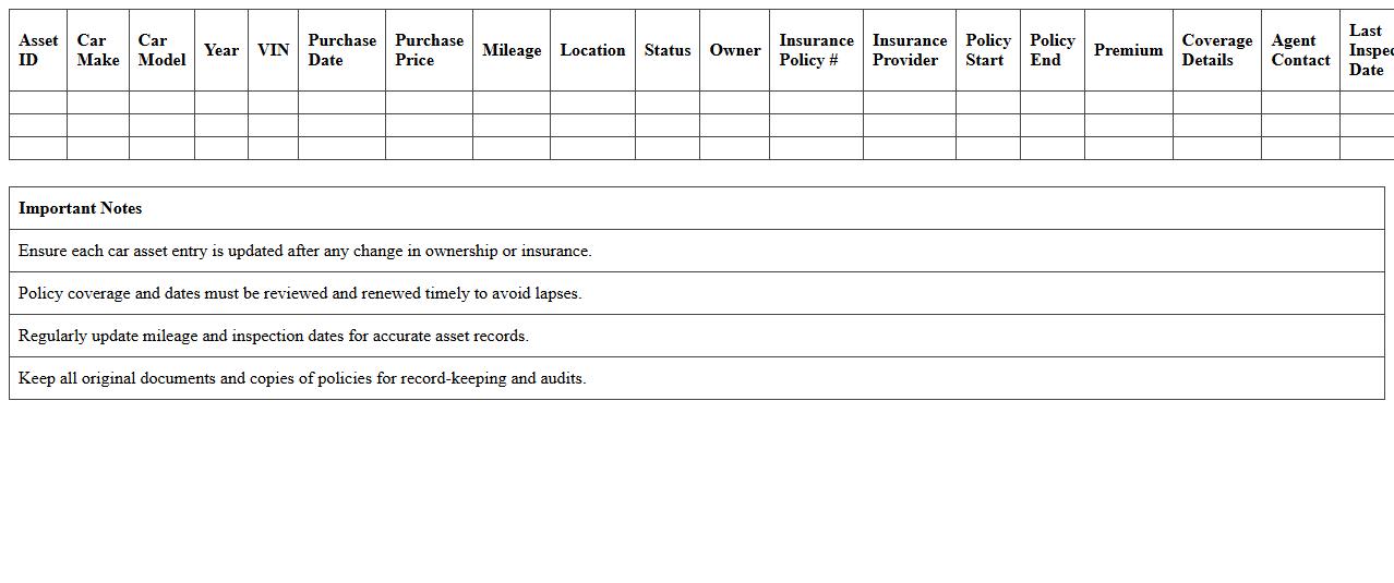 Car Dealership Asset & Insurance Records Sheet