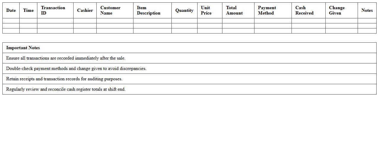 Cash Register Transaction Record Excel Sheet