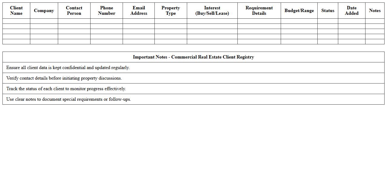 Commercial Real Estate Client Registry Excel