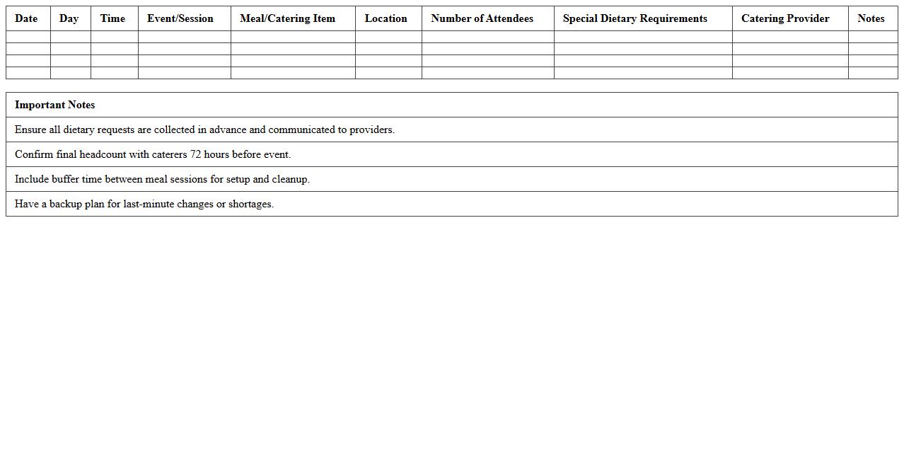 Conference Catering Schedule Planner Sheet
