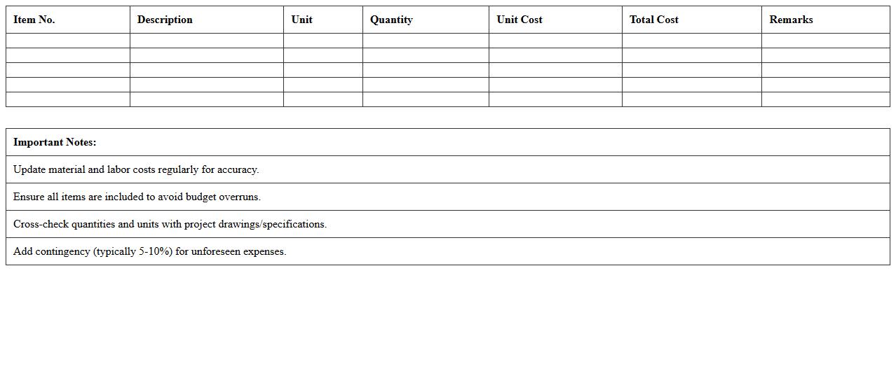 Construction Cost Estimation Spreadsheet Template