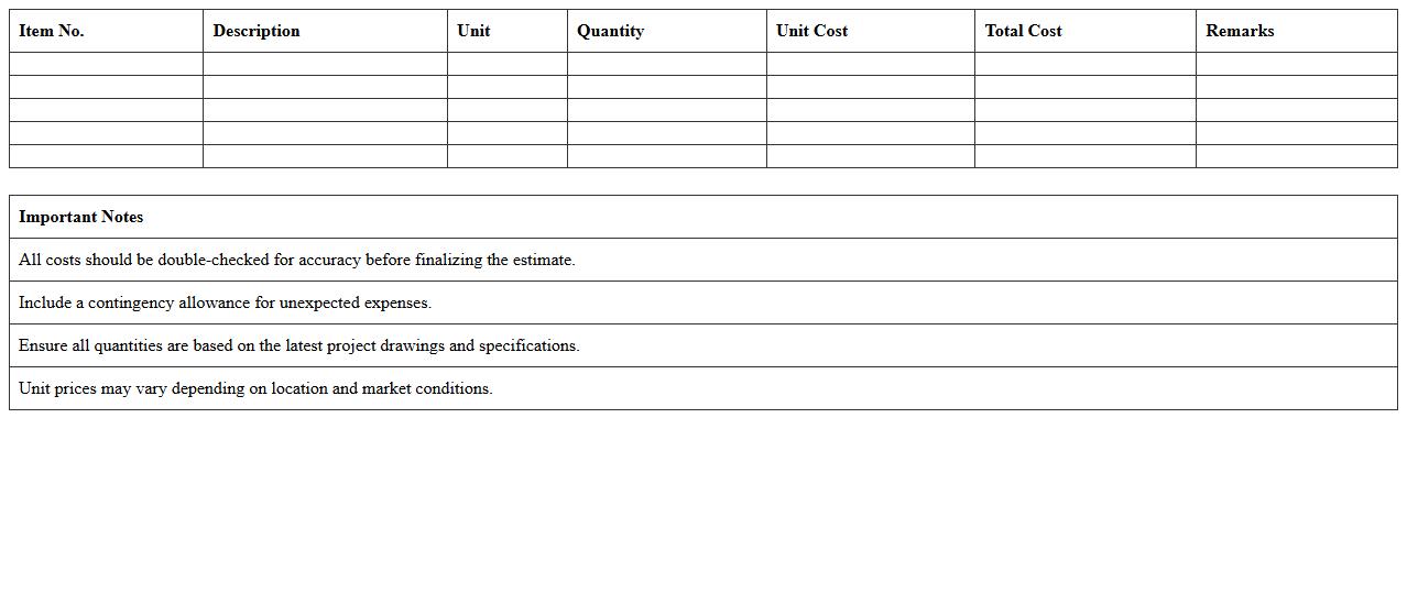 Construction Cost Estimator Spreadsheet