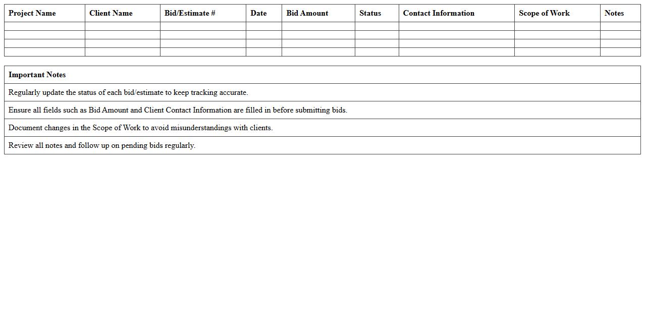 Contractor Bid and Estimate Tracker Excel