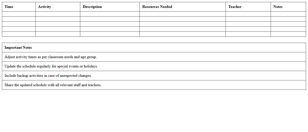 Daily Classroom Activities Schedule Excel Template