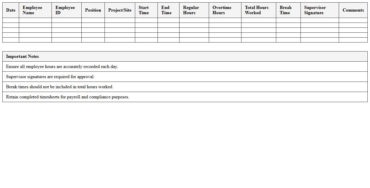 Daily Construction Employee Timesheet Excel Template