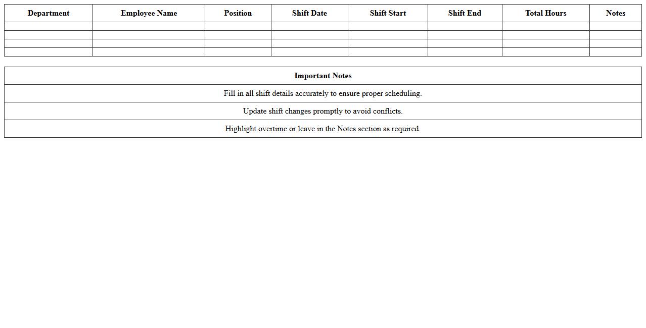 Departmental Shift Calendar Spreadsheet