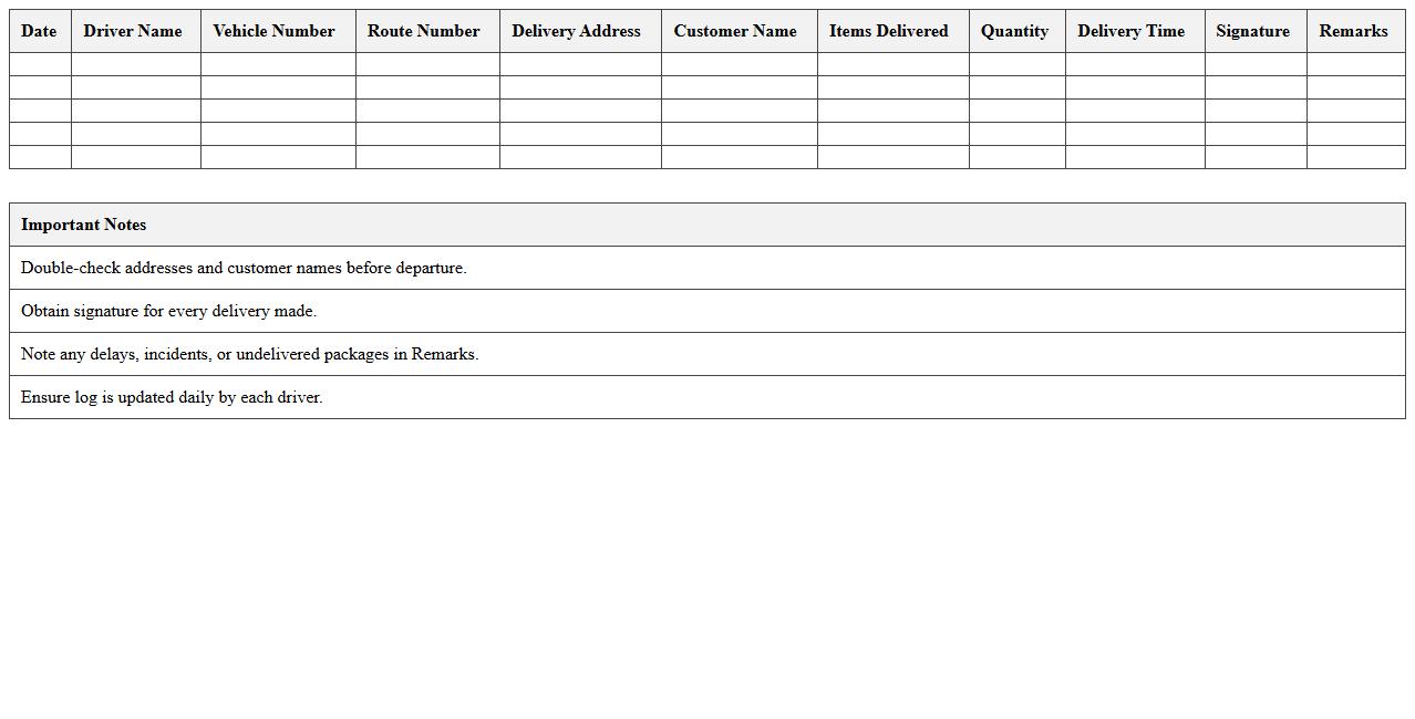 Driver Route and Delivery Log Excel Template