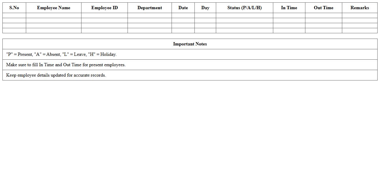 Employee Attendance Register Excel Template