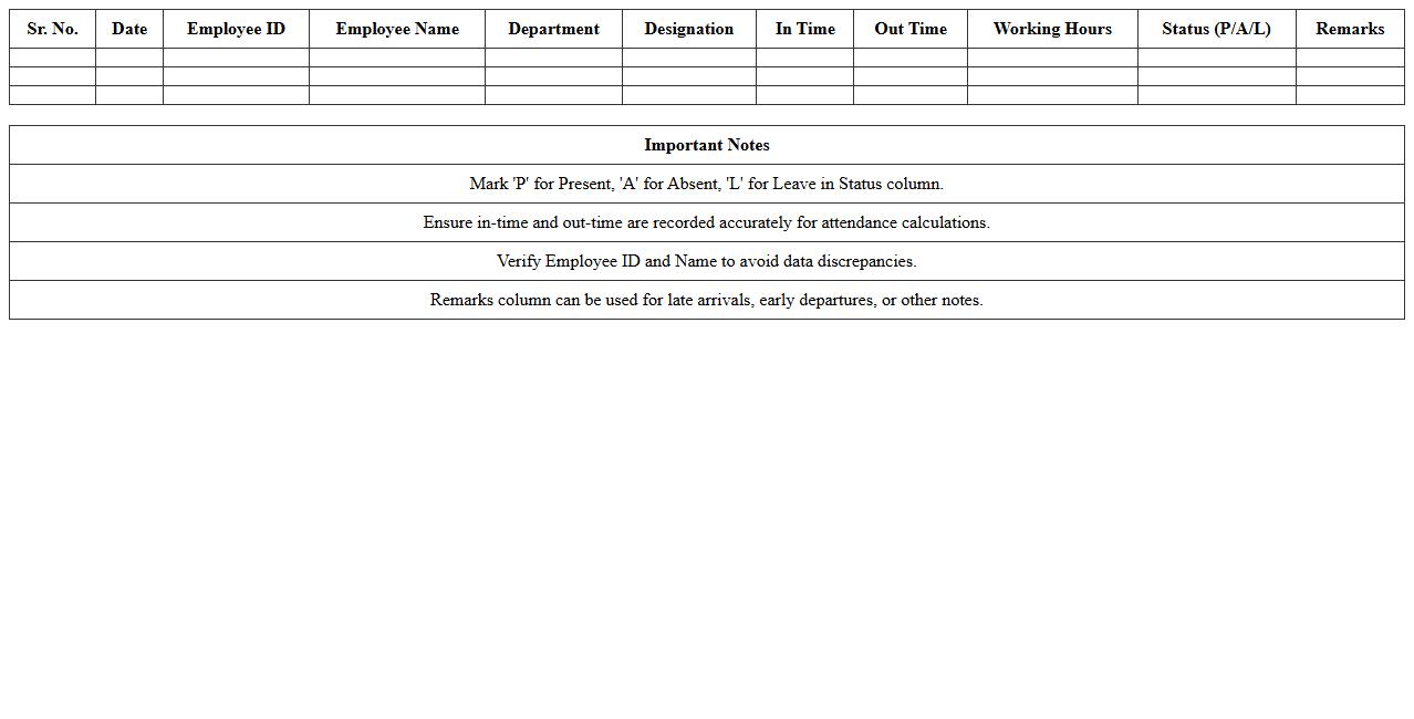 Employee Daily Attendance Register Template Excel