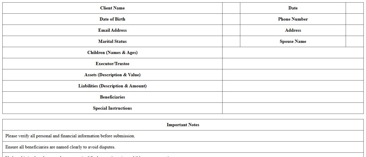 Estate Planning Client Intake Excel Template