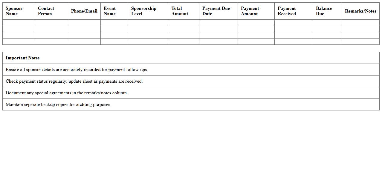 Event Sponsor Payment Schedule Excel Sheet
