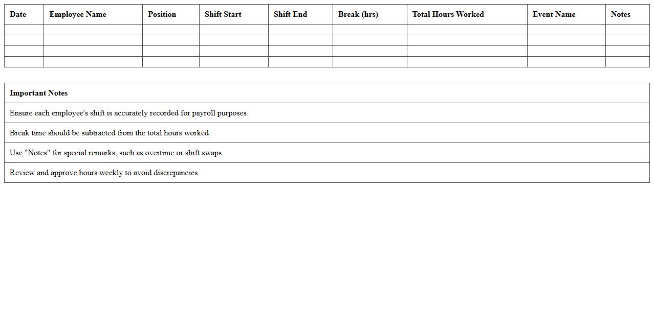 Event Venue Employee Hours Tracker Excel