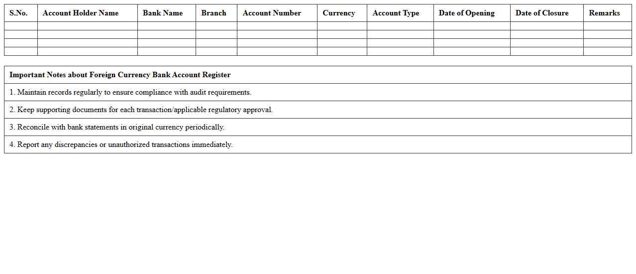 Foreign Currency Bank Account Register