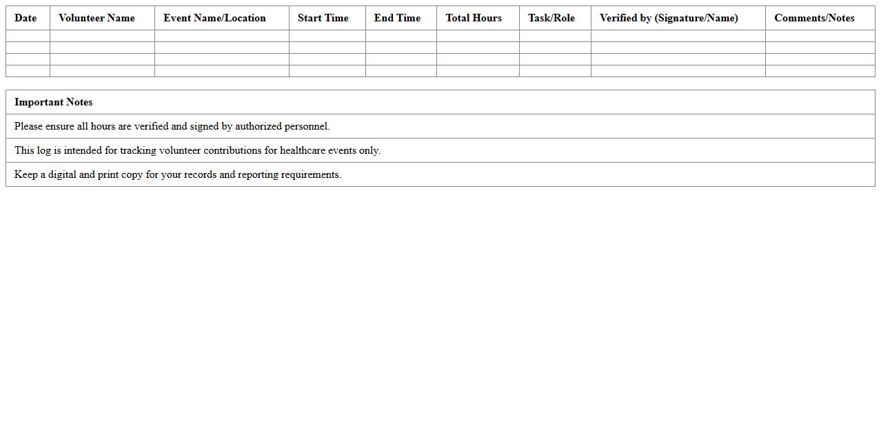 Free Excel Template: Healthcare Event Volunteer Hours Log