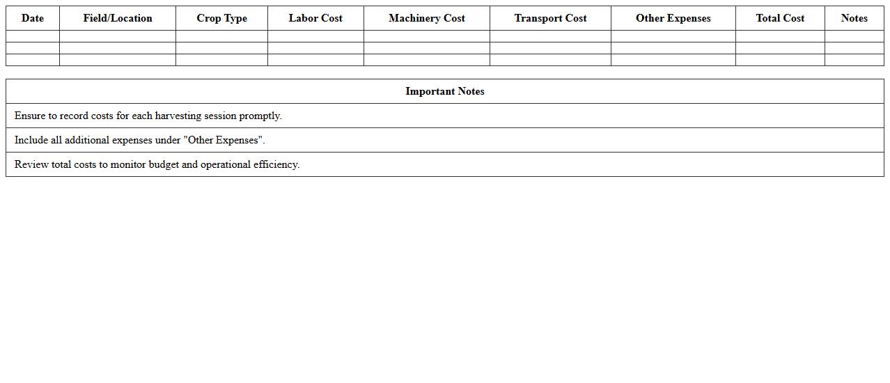 Harvesting Cost Record Excel Template