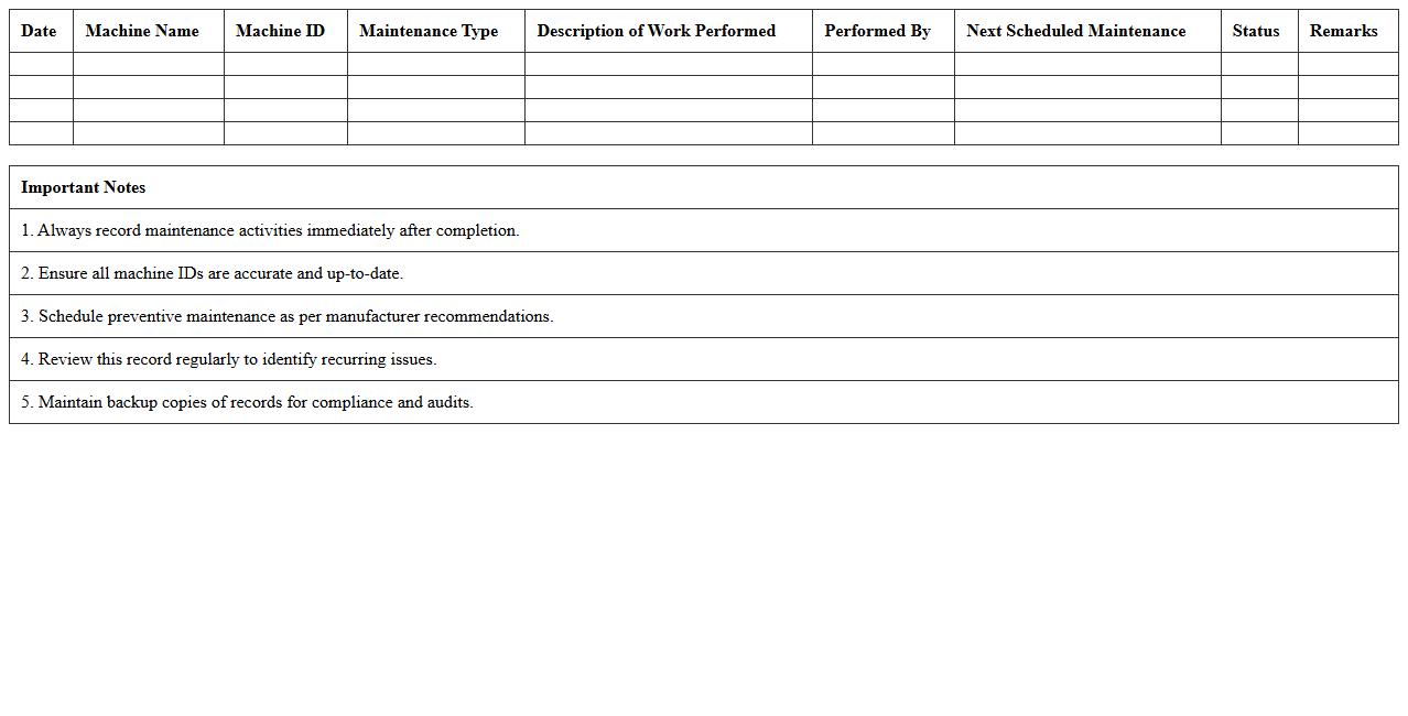 Heavy Machinery Maintenance Record Excel Template