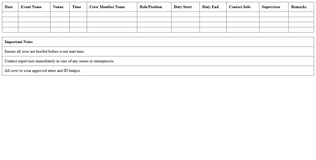 Hospitality Event Crew Duty Assignment Template
