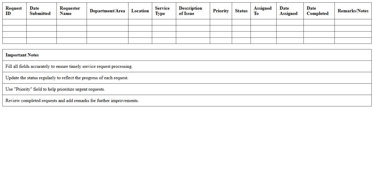 Hospitality Facility Service Request Tracker Excel Sheet