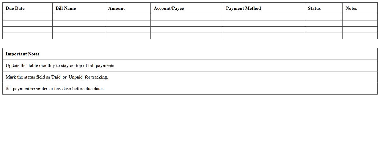 Household Bill Payment Calendar Spreadsheet