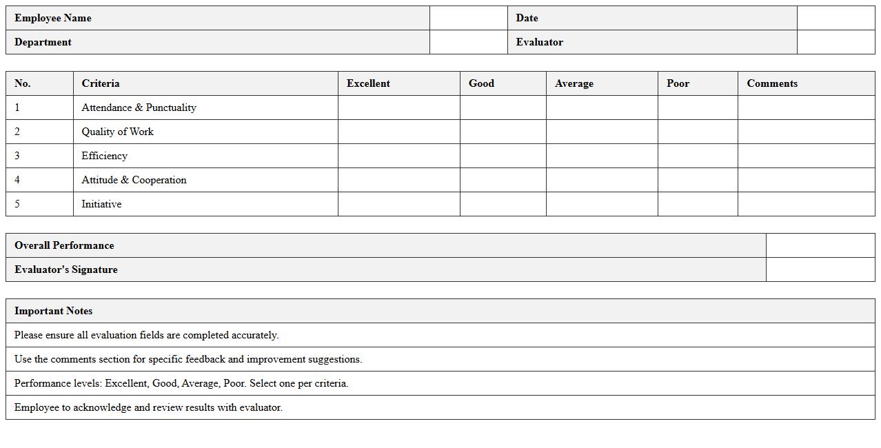 Housekeeping Performance Evaluation Excel Form