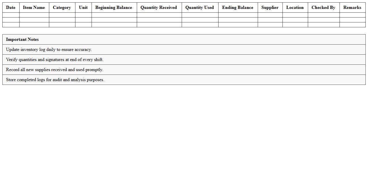 Housekeeping Supplies Inventory Log Excel Template for Restaurant