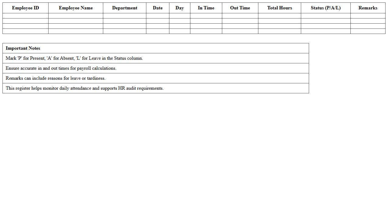 HR Attendance Register Excel Spreadsheet