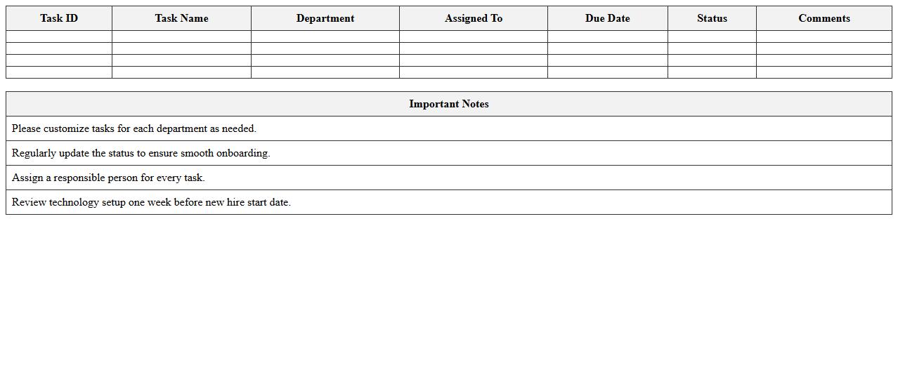 HR Onboarding Task List Excel for Technology Setup