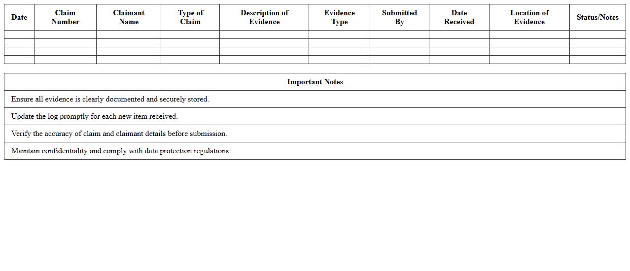 Insurance Claim Evidence Log Template