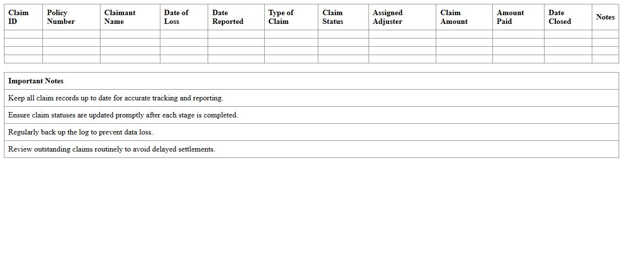 Insurance Claims Management Log Excel