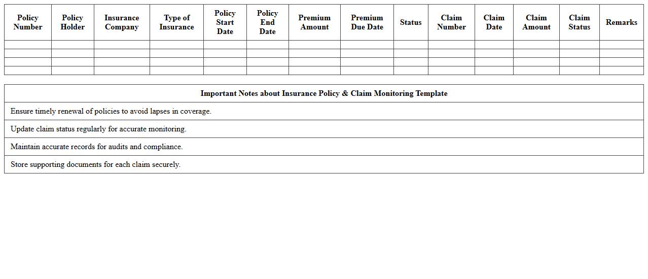 Insurance Policy & Claim Monitoring Template