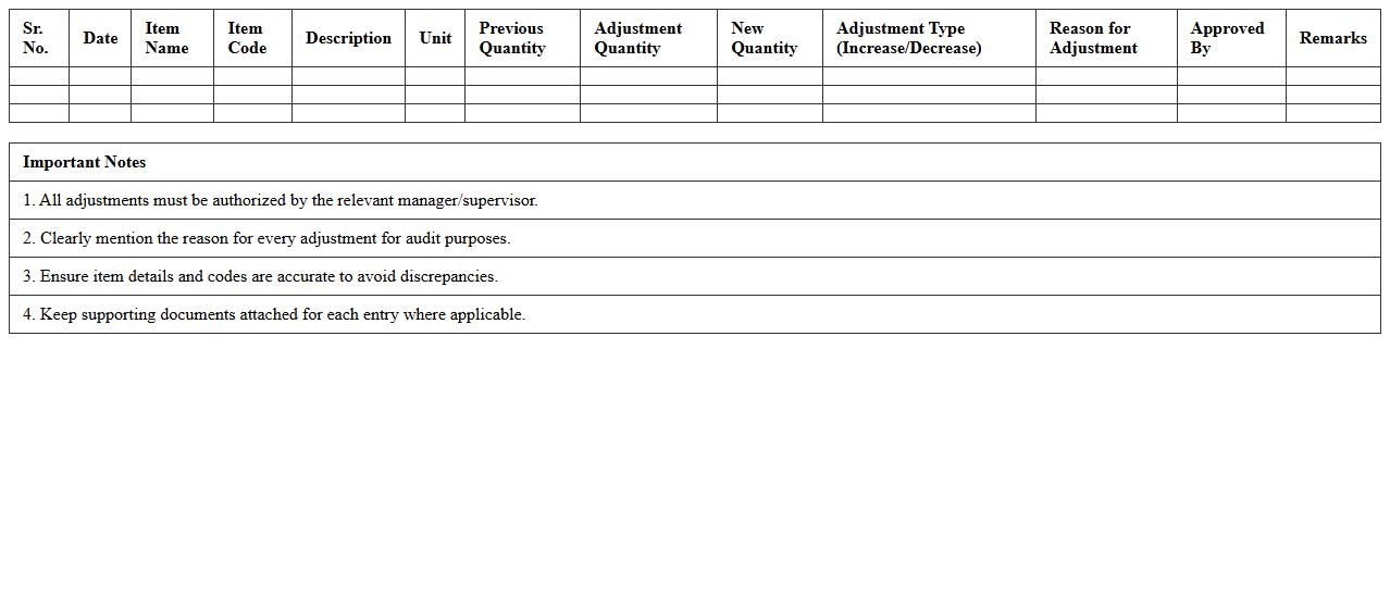 Inventory Adjustment Excel Register
