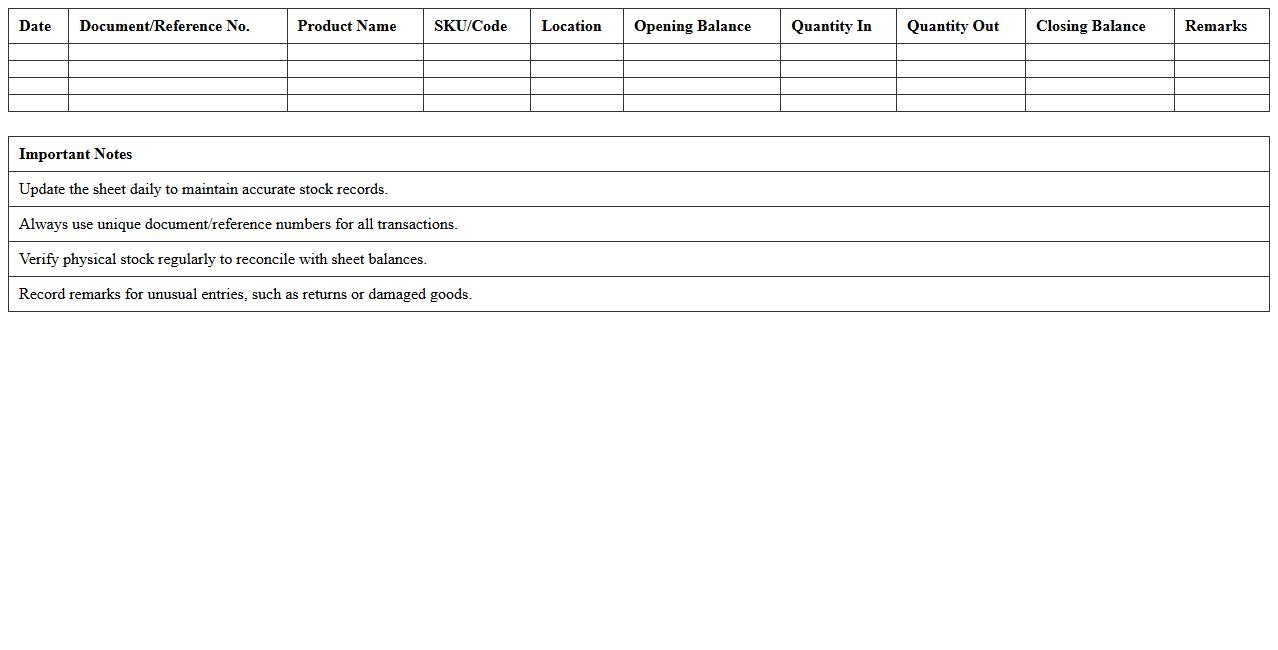 Inventory Movement Tracking Sheet