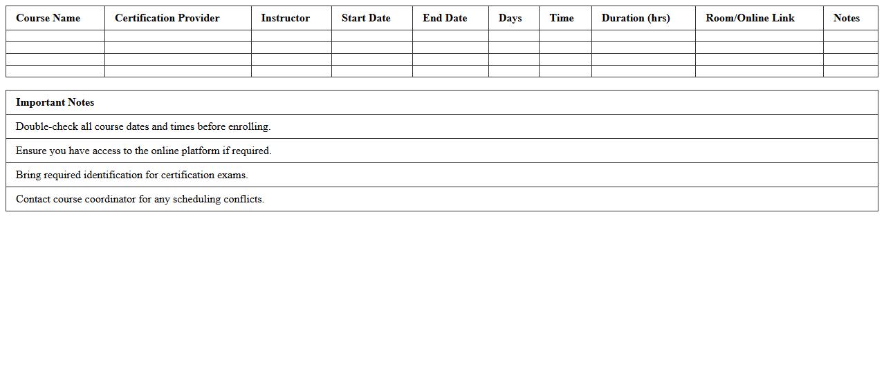 IT Certification Course Schedule Sheet