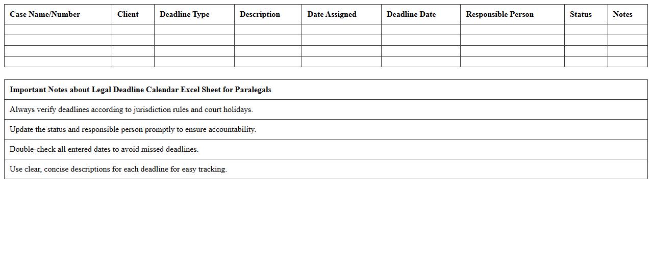 Legal Deadline Calendar Excel Sheet for Paralegals