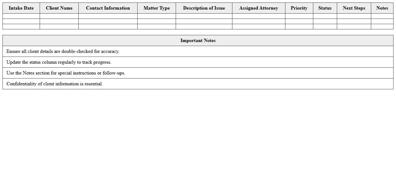 Legal Matter Intake Log Sheet for Assistants