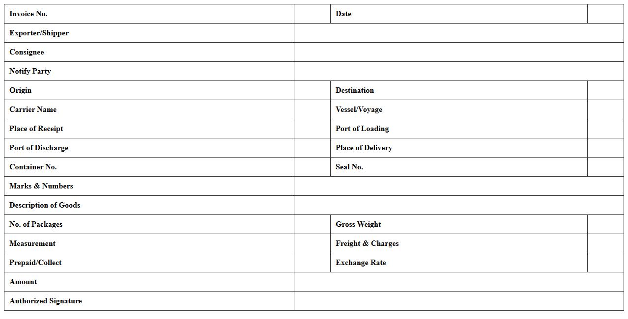Logistics Bill of Lading Invoice Template