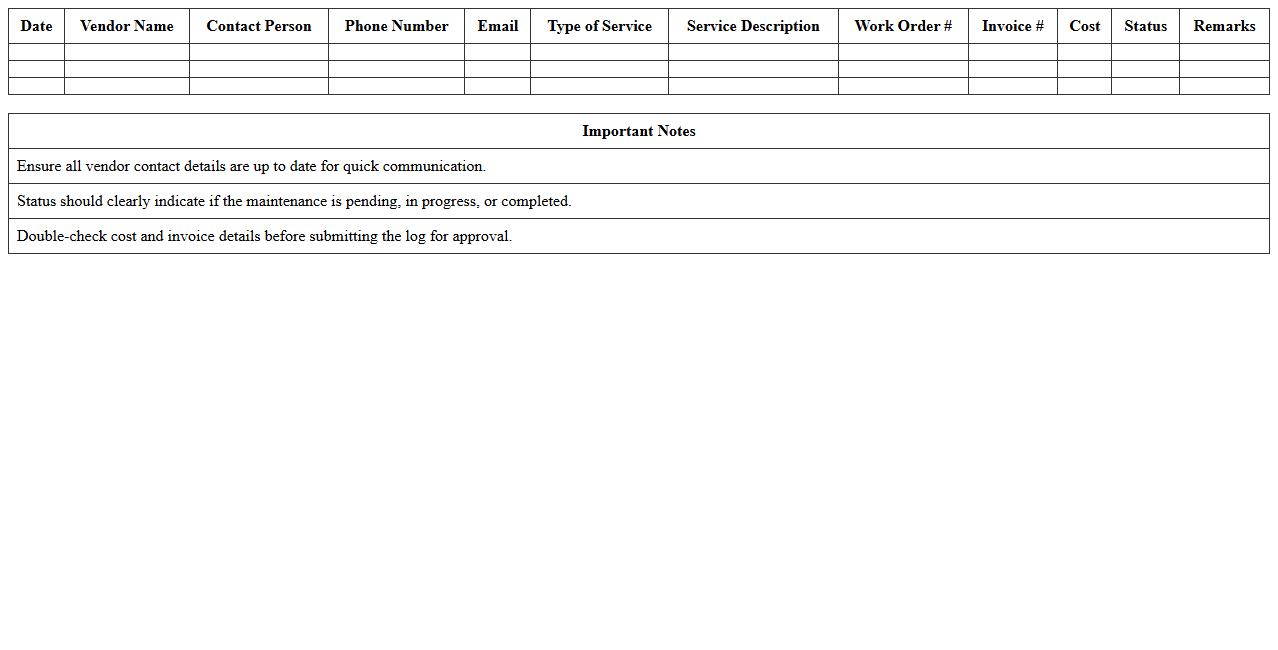 Maintenance Vendor Log Excel Template for Hospitality Sites