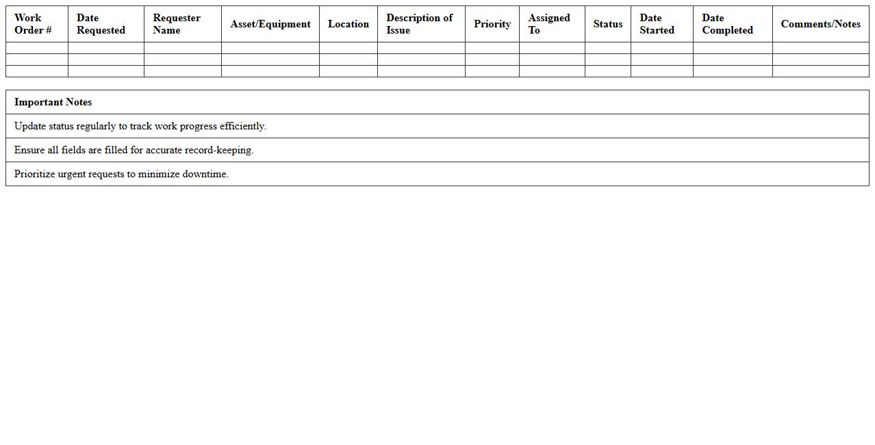 Maintenance Work Order Tracking Template