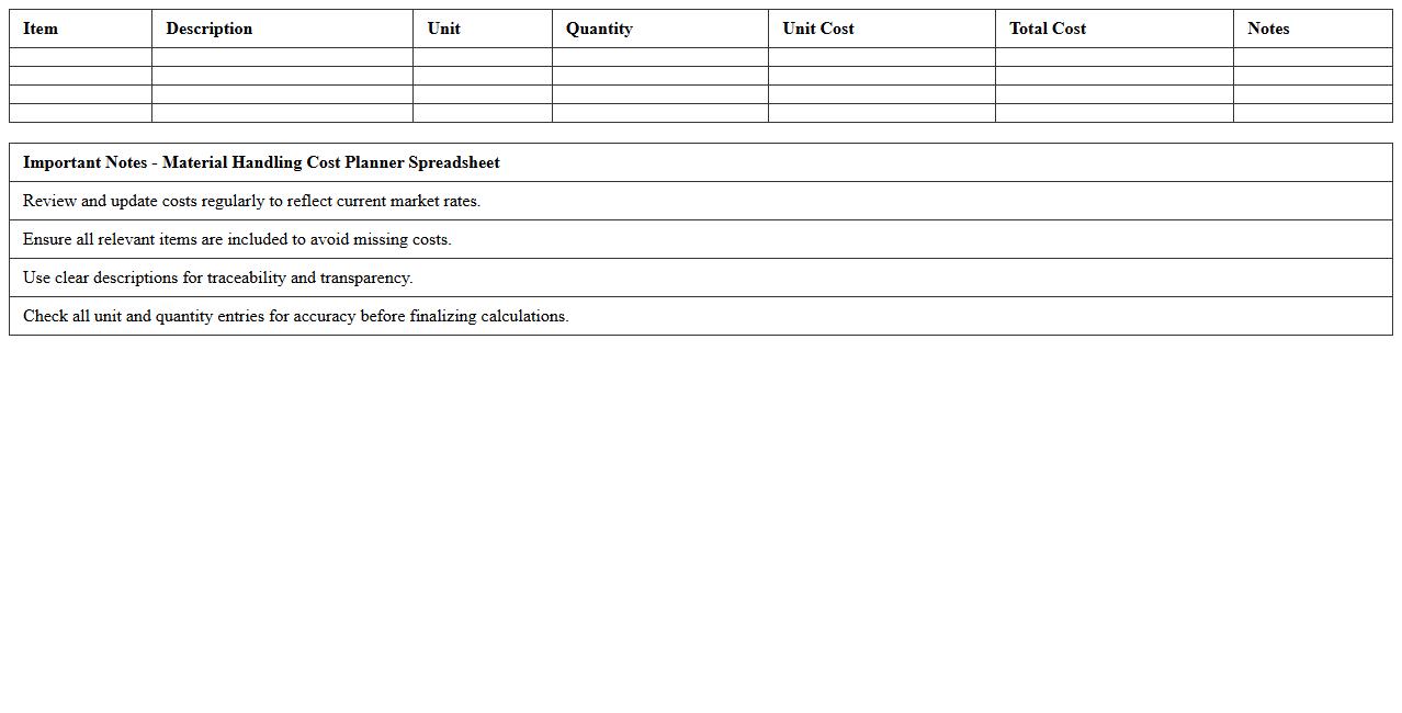 Material Handling Cost Planner Spreadsheet