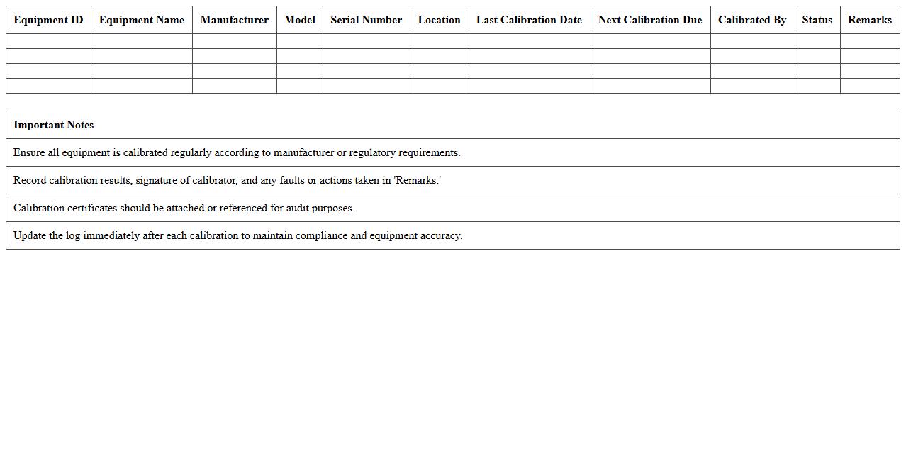 Medical Equipment Calibration Log Excel Sheet