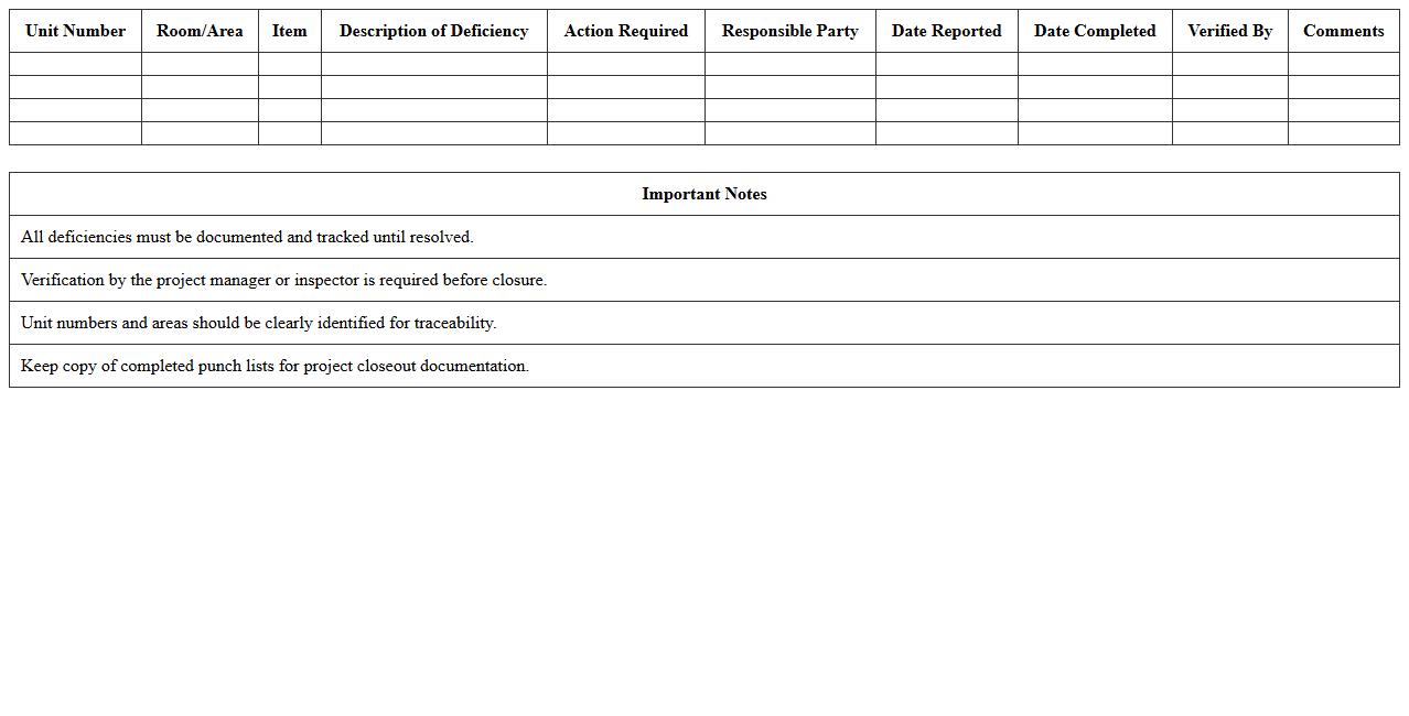 Multi-Unit Construction Final Punch List Excel