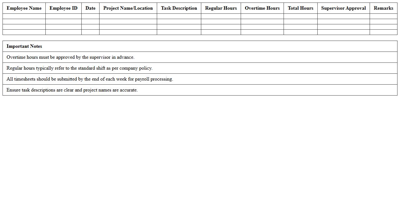 Overtime and Regular Hours Construction Timesheet